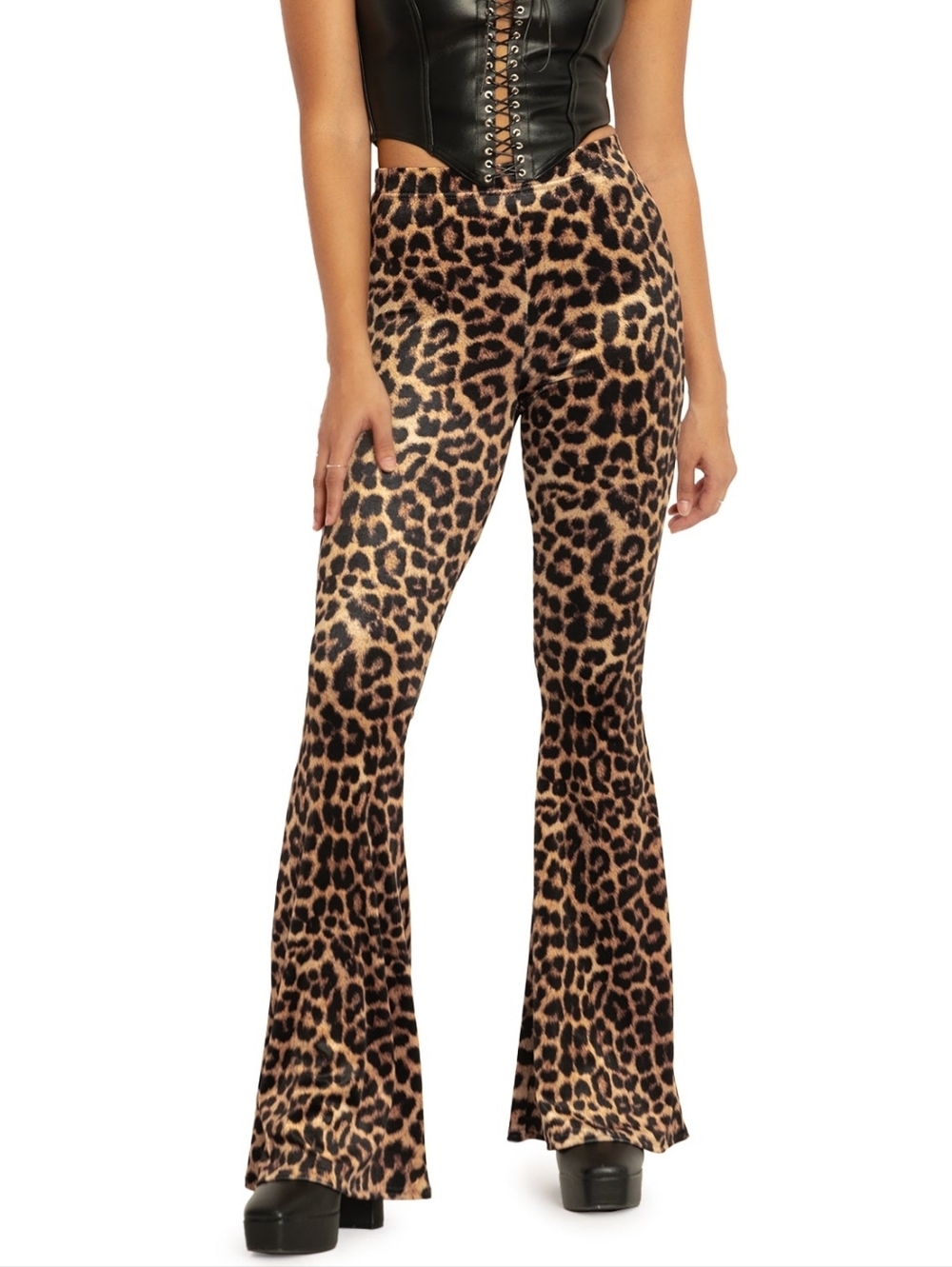 Blackmilk Claws Out Velvet High Waisted Flare Pants - Leopard Print - Size M